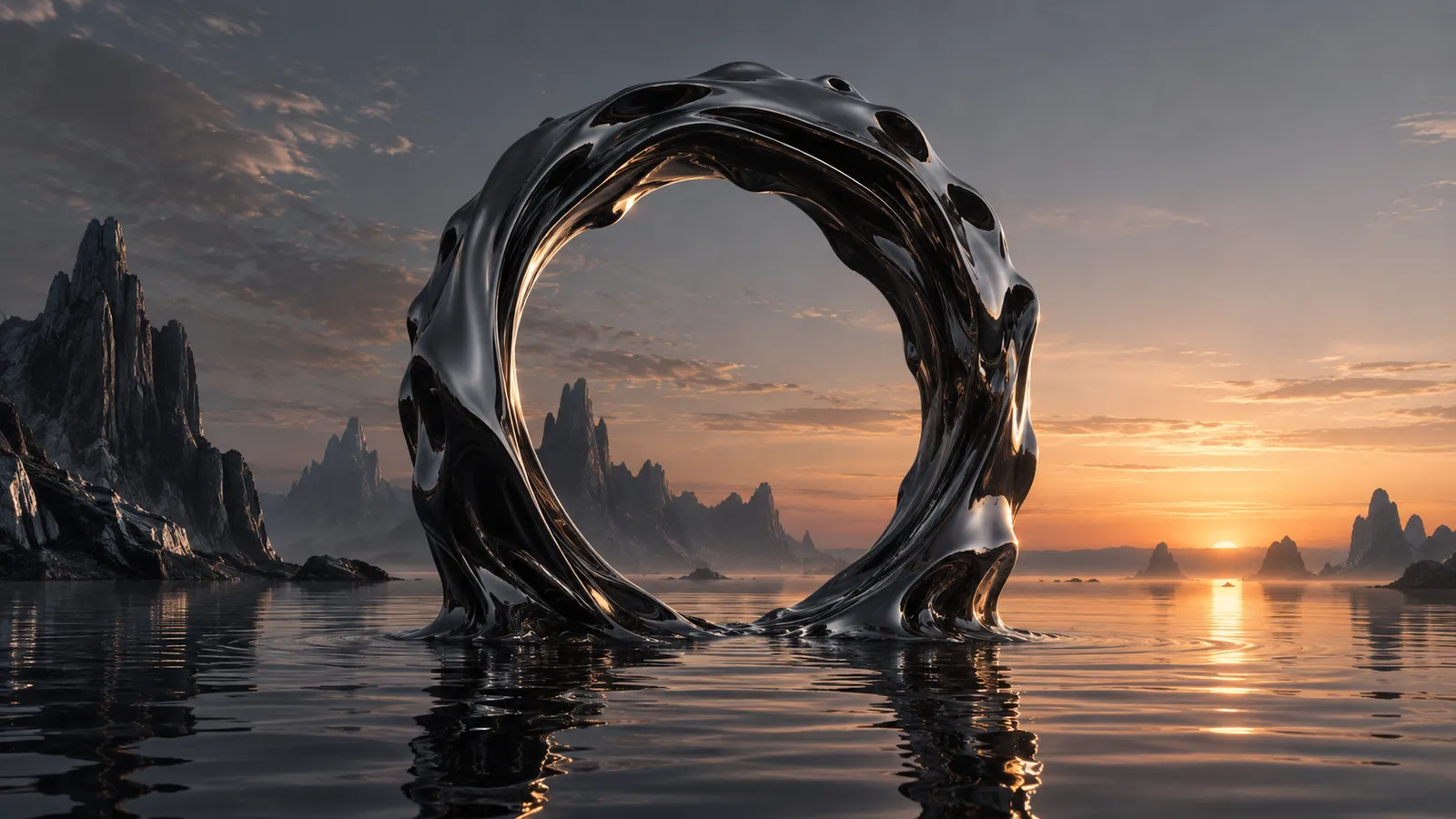 A liquid-chrome sculpture rises from a cinematic landscape